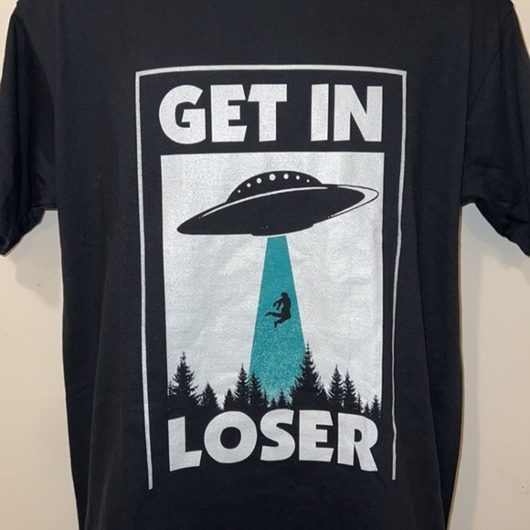 Unisex “Get in Loser” Alien Abduction Black Graphic Tee - Picture 5 of 9